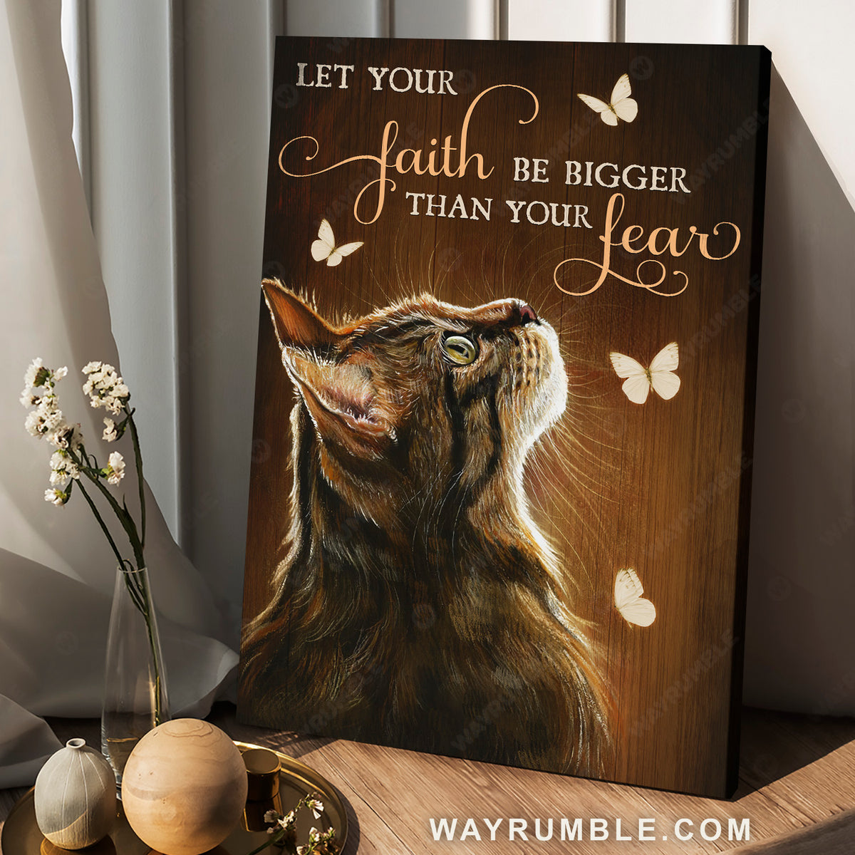 Tabby Cat, White butterfly, Let your faith be bigger than your fear - Jesus Portrait Canvas Prints, Christian Wall Art