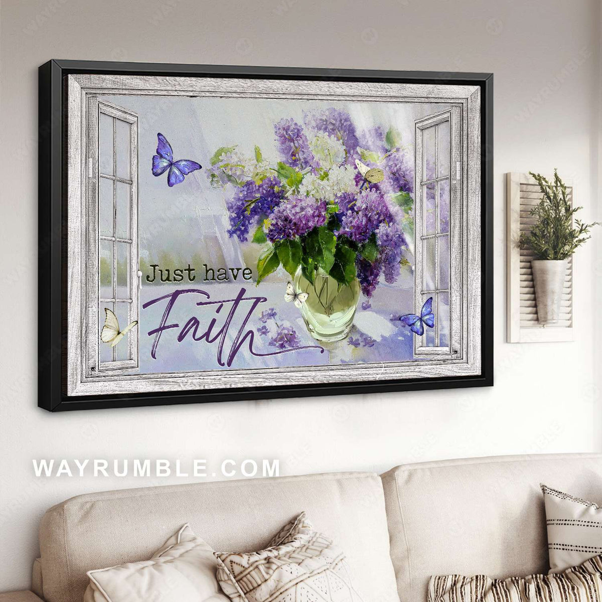 Butterfly bush, Glass vase, Purple butterfly, Just have faith - Jesus Landscape Canvas Prints, Christian Wall Art\