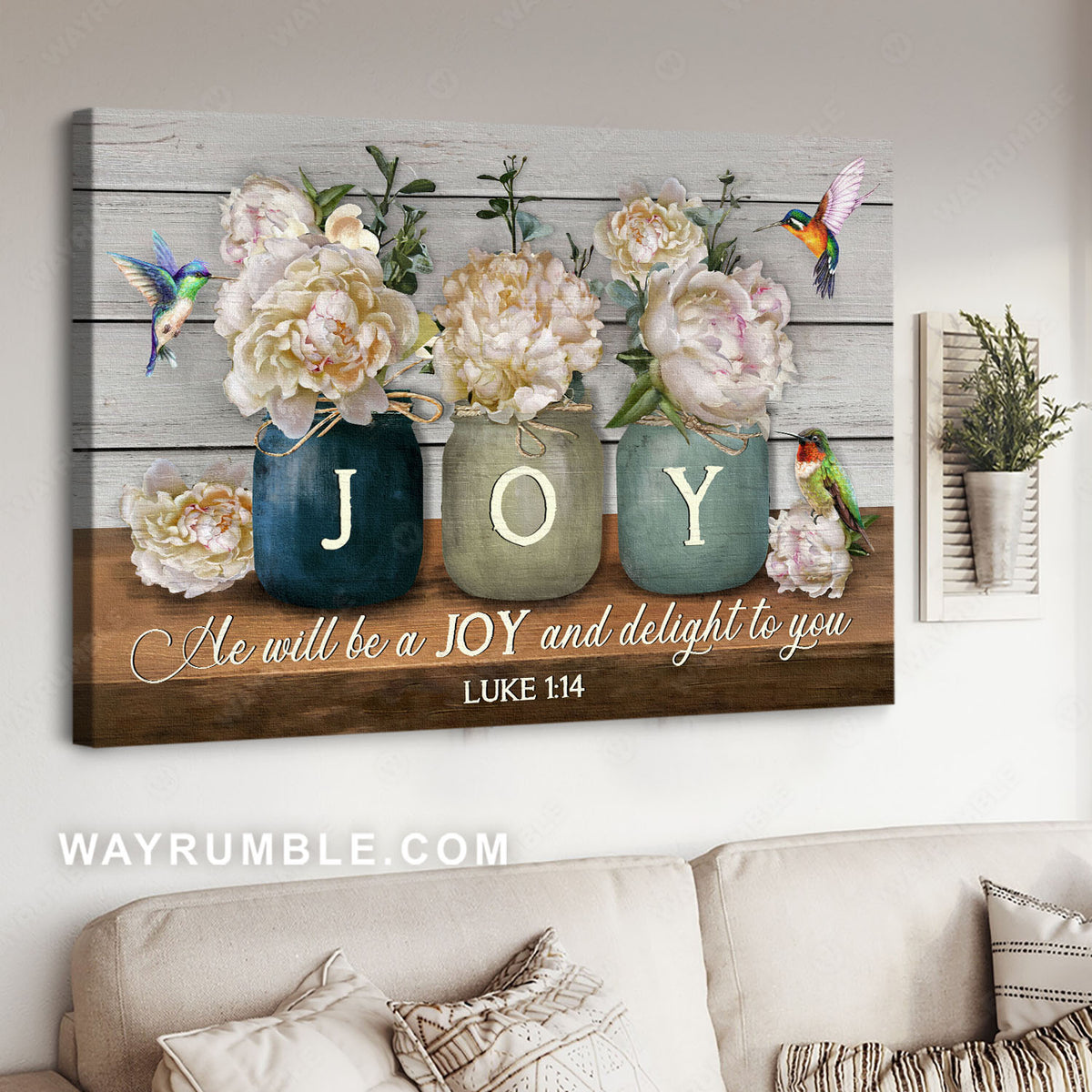 White flower, Mason jar, Humming bird, He will be a joy and delight to you - Jesus Landscape Canvas Prints, Christian Wall Art