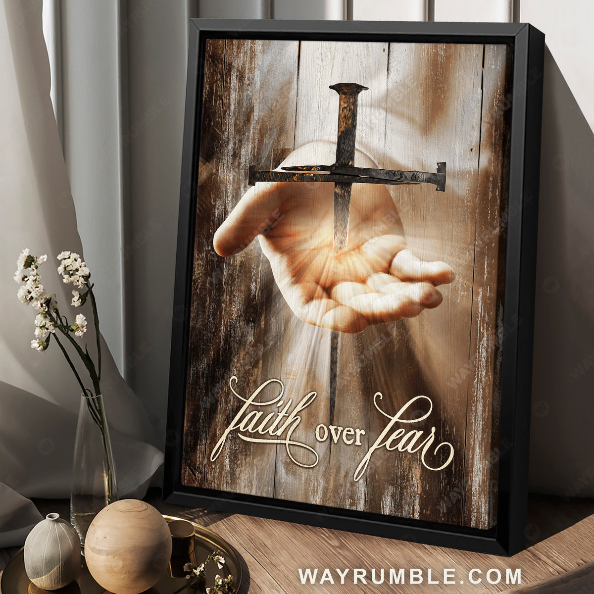 Nail cross, Jesus hand, Faith over fear - Jesus Portrait Canvas Prints, Christian Wall Art