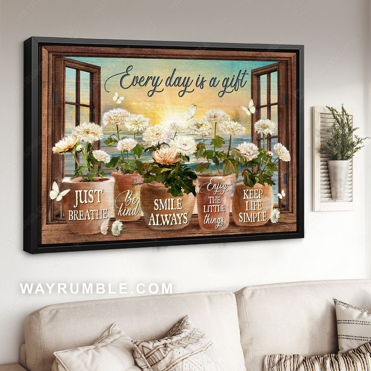 White chrysanthemums, Ceramic vases, Sunrise ocean, Every days is a gift - Jesus Landscape Canvas Prints, Christian Wall Art