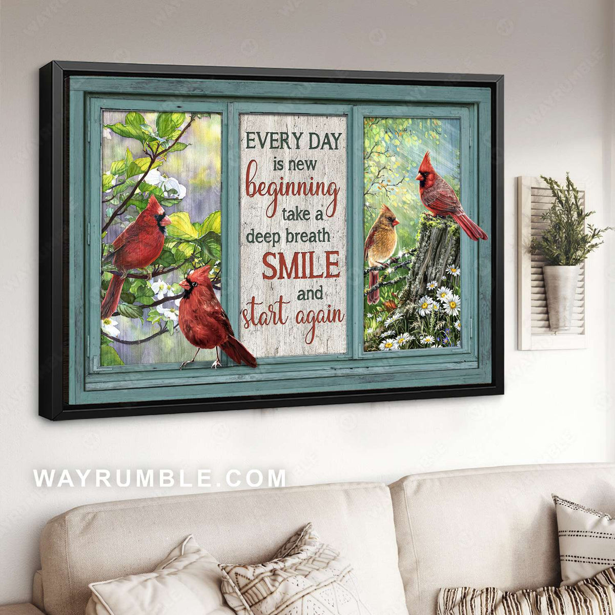 Red cardinals, Daisy garden, Wooden window, Every day is new beginning- Jesus Landscape Canvas Prints, Christian Wall Art