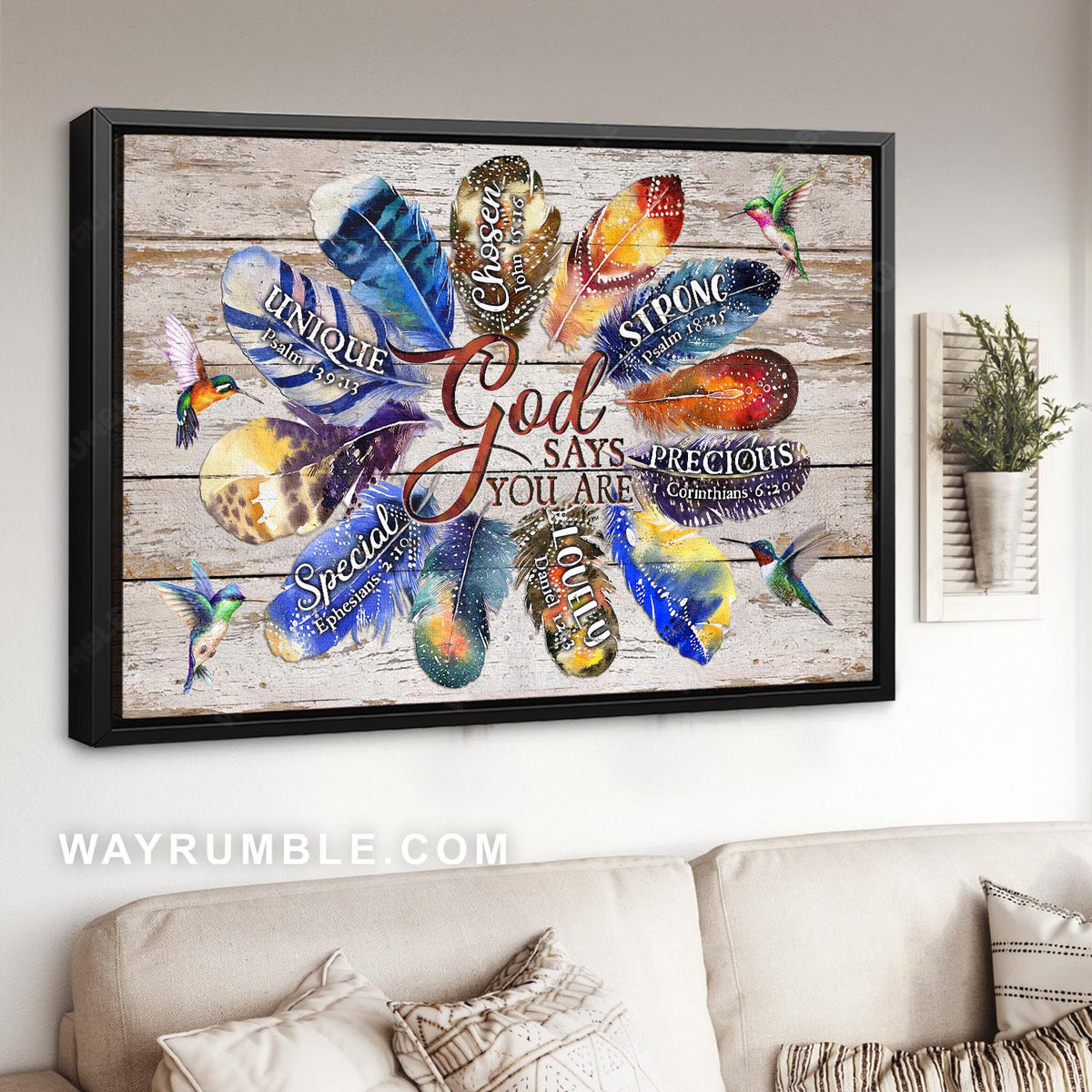 Bird feathers, Colorful patterns, Hummingbirds, God says you are chosen - Jesus Landscape Canvas Prints, Christian Wall Art
