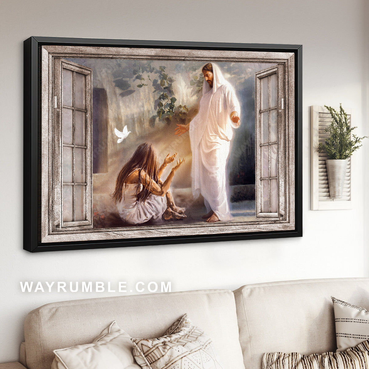 Jesus saves, Miserable girl, Flying dove, God light - Jesus Landscape Canvas Prints, Christian Wall Art