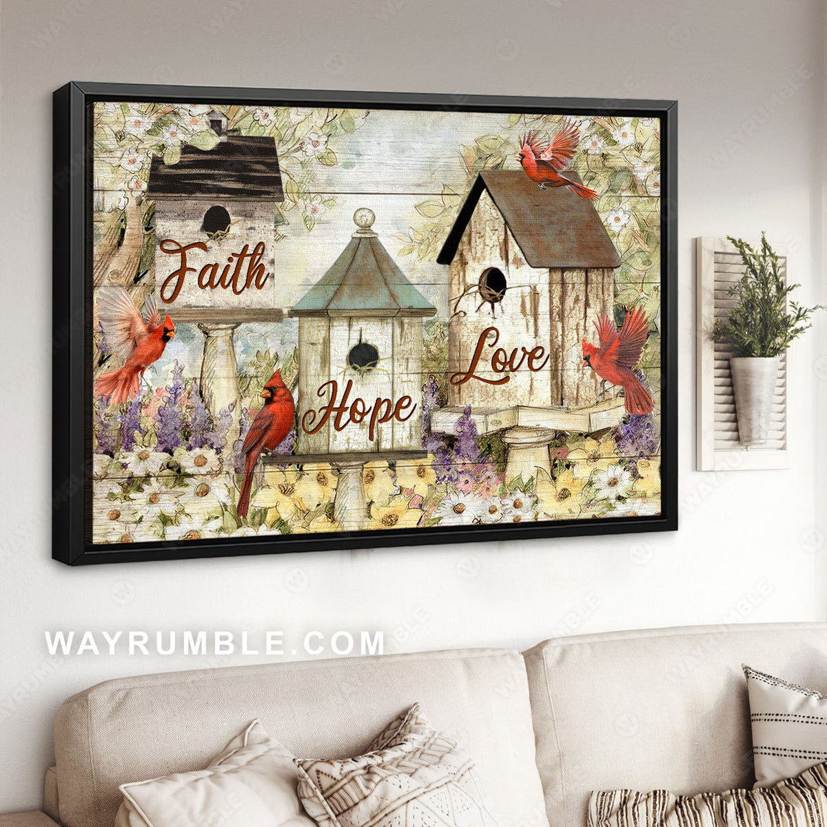 Red cardinals, Bird house, Flower garden, Faith hope love - Jesus Landscape Canvas Prints, Christian Wall Art