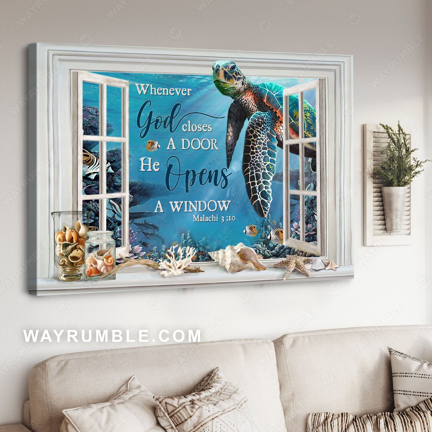 Blue turtle, Seashell, Window frame, Ocean painting, He opens a window - Jesus Landscape Canvas Prints, Christian Wall Art