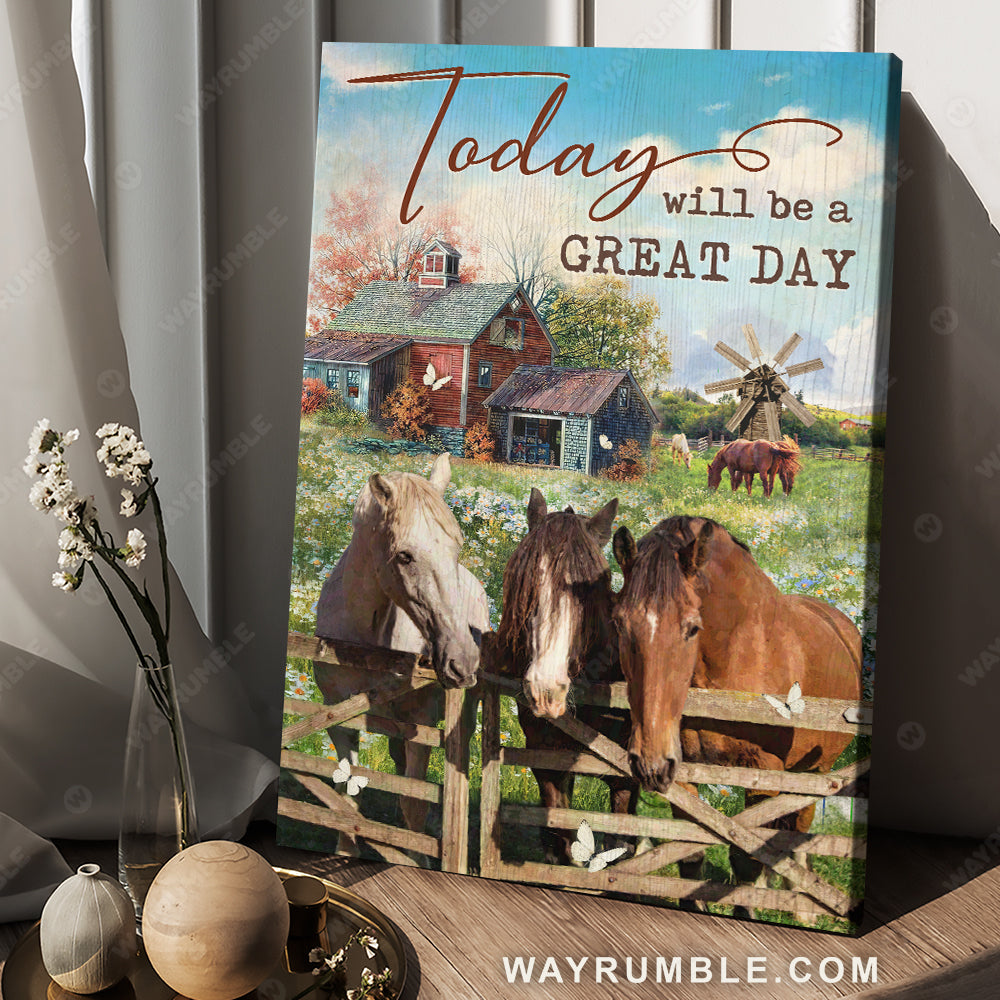 Beautiful farm, Countryside landscape, Garden house, Horse painting, Today will be a great day - Jesus Portrait Canvas Prints, Christian Wall Art