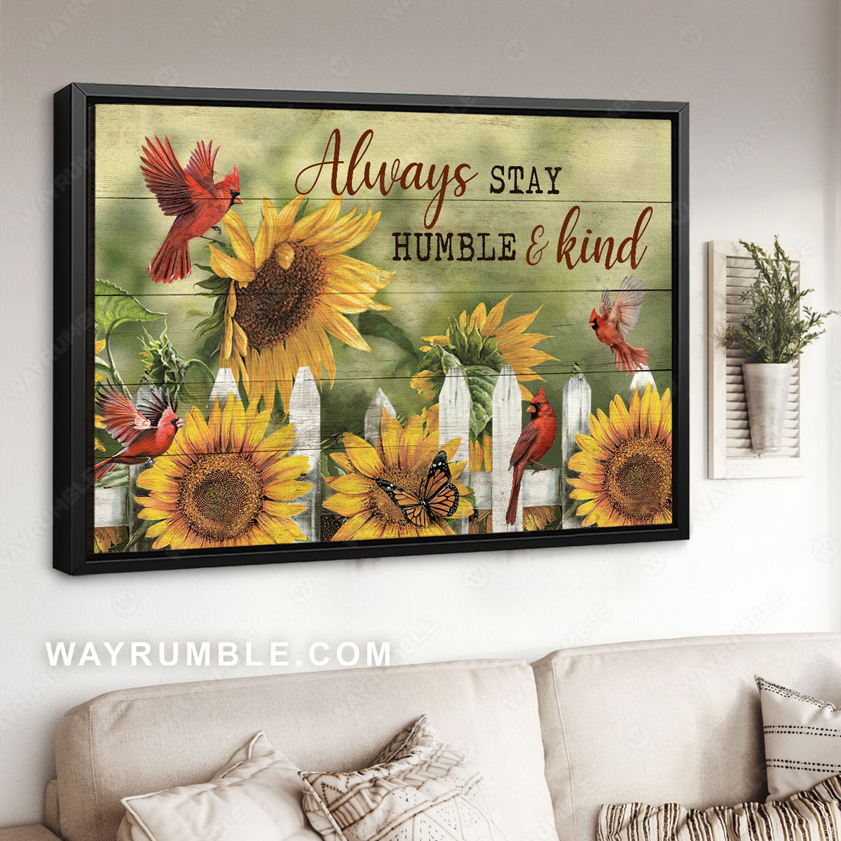Sunflower garden, Red cardinal, Always stay humble and kind- Jesus Landscape Canvas Prints, Christian Wall Art