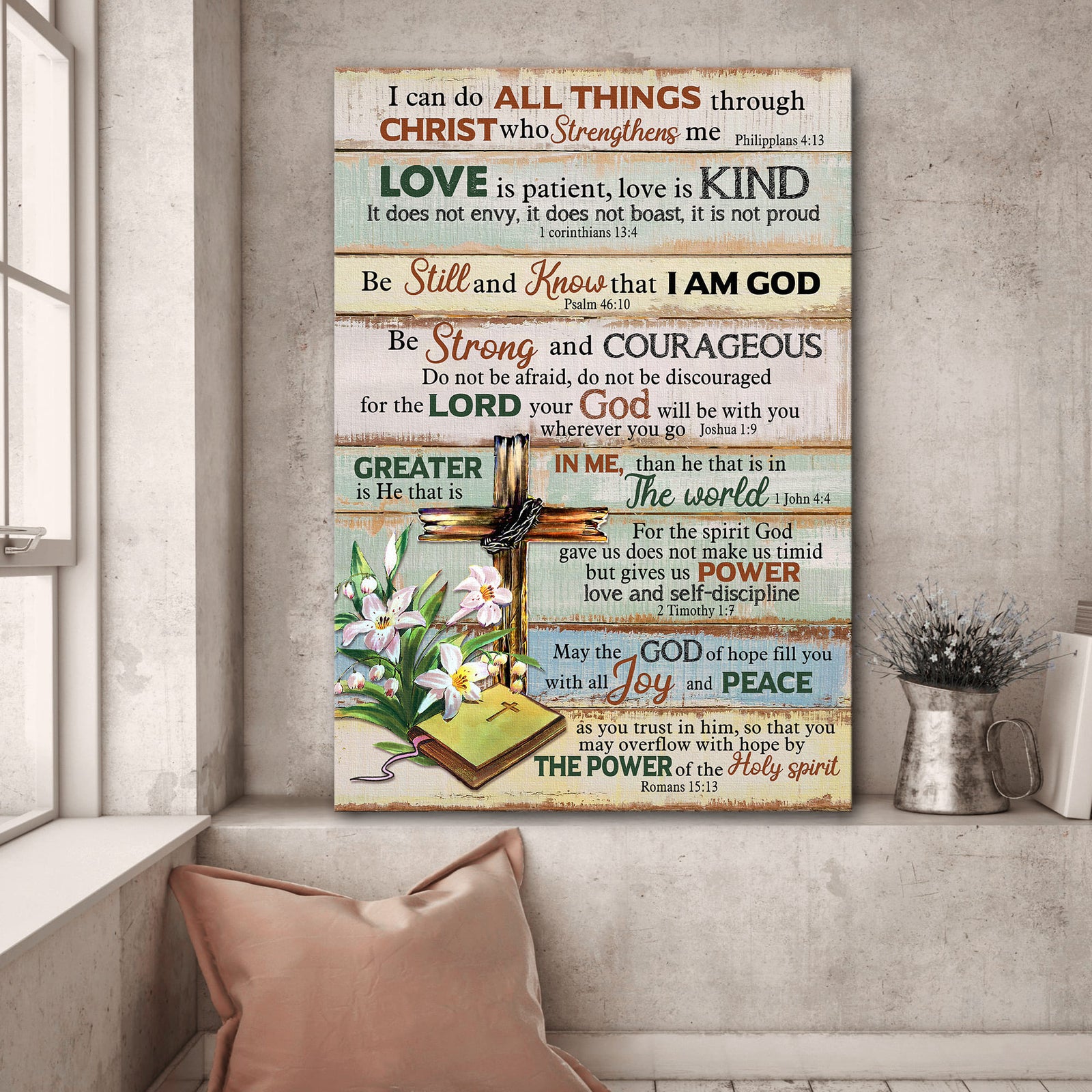 Wooden Cross, Lily Flower, Bible, May the god of hope fill you with all joy and peace - Jesus Portrait Canvas Prints, Wall Art