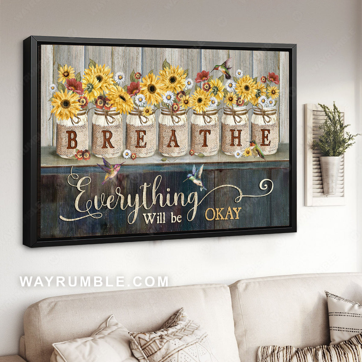 Yellow gerbera daisy, Mason jar flowers, Hummingbirds, Everything will be okay - Jesus Landscape Canvas Prints, Christian Wall Art