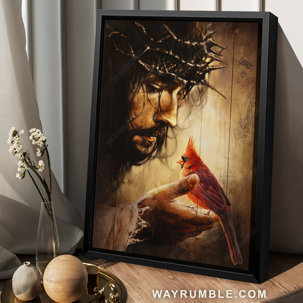 Jesus hand, Red cardinals, Thorn crown- Jesus Portrait Canvas Prints, Christian Wall Art