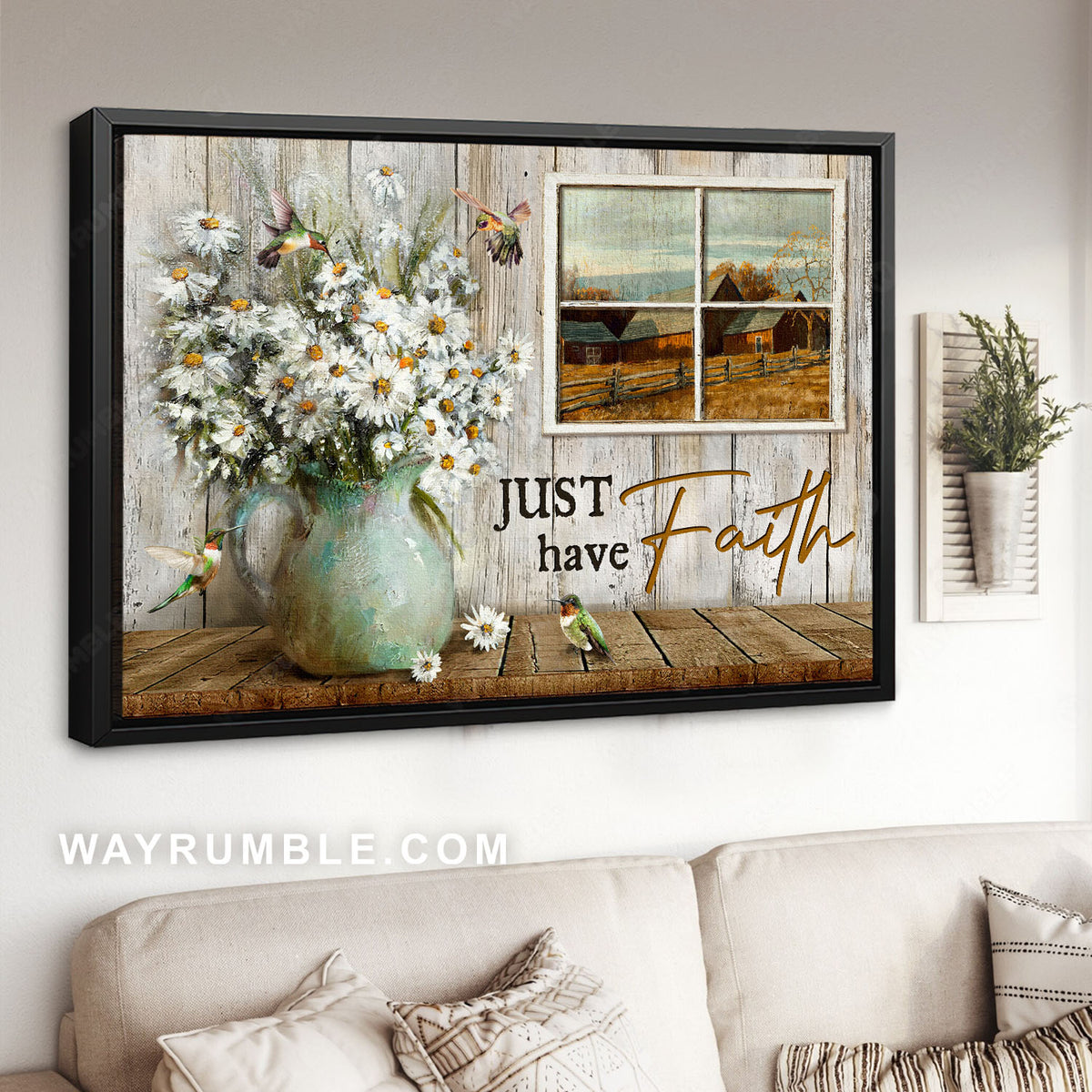 White daisy, Ceramic vase, Farm life, Just have faith - Jesus Landscape Canvas Prints, Christian Wall Art