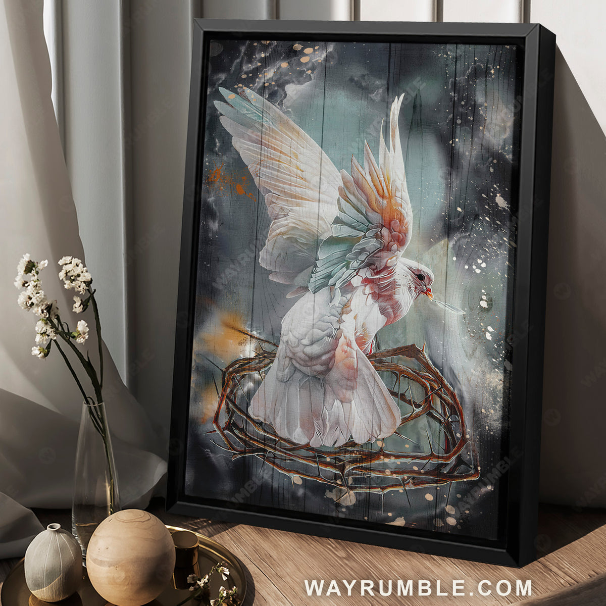 Flying dove, Crown of thorn, Storm background - Jesus Portrait Canvas Prints, Christian Wall Art