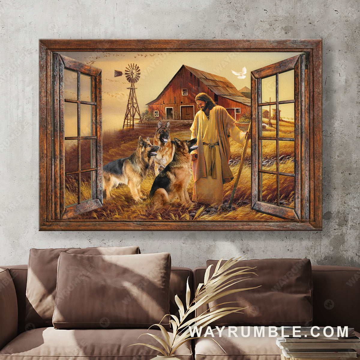 Jesus painting, German shepherd, Countryside landscape, A peaceful day with Jesus Christ - Jesus Landscape Canvas Prints, Christian Wall Art