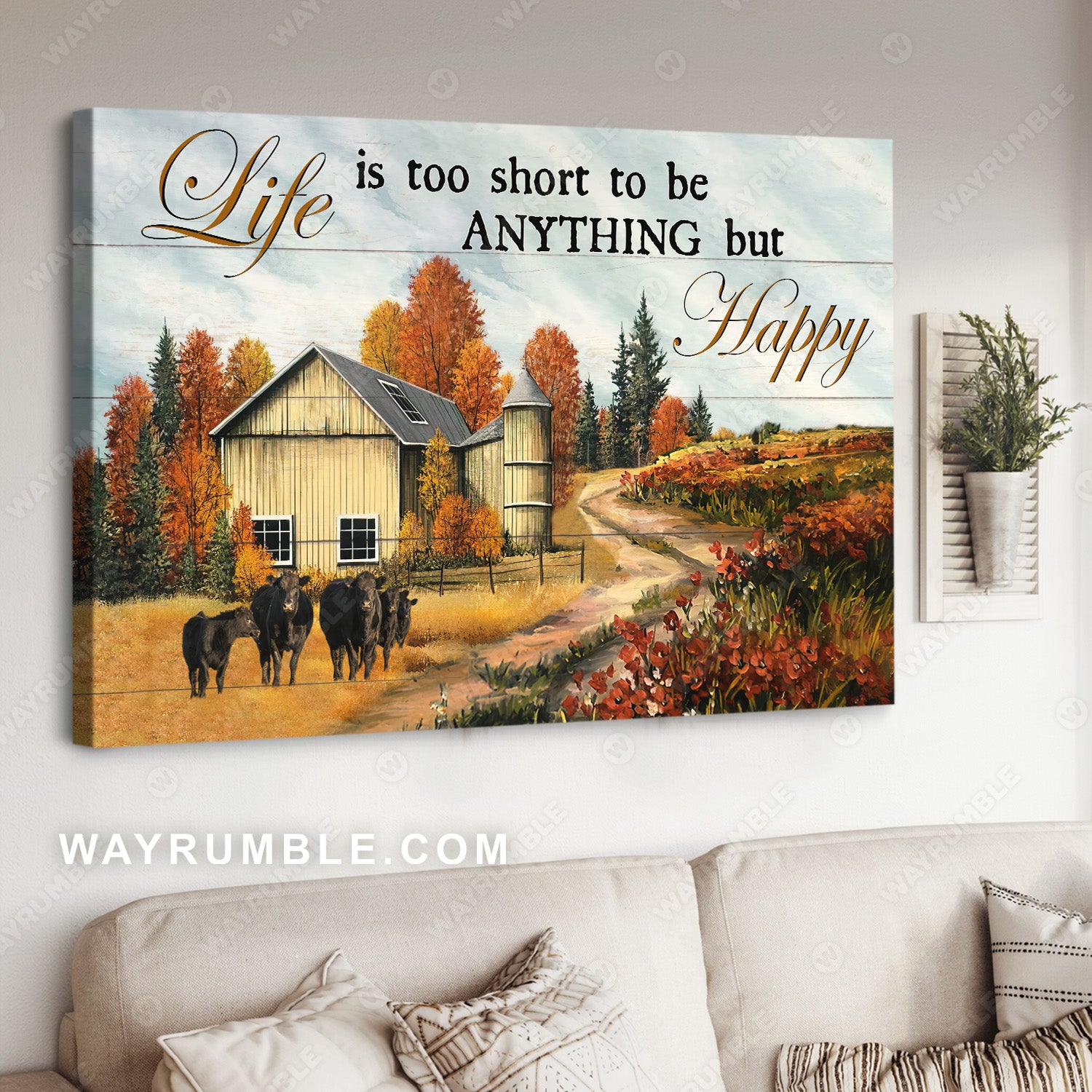 Cow drawing, Autumn village, Countryside landscape, life is too short to be anything but happy - Jesus Landscape Canvas Prints, Christian Wall Art
