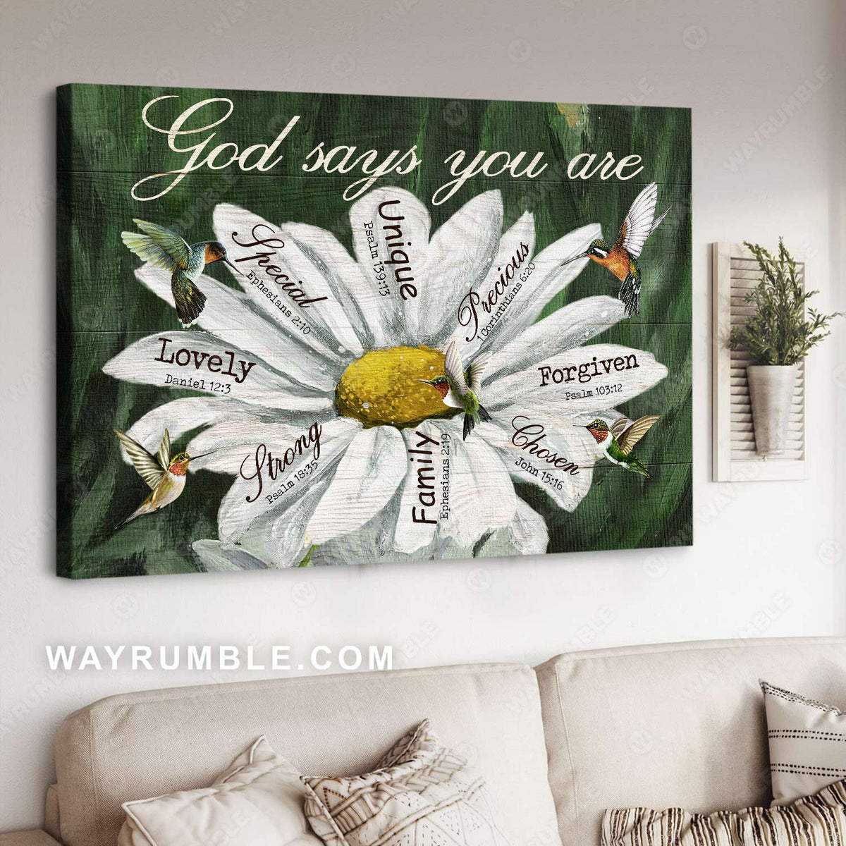 White daisy, Hummingbird, Flower painting, God says you are - Jesus Landscape Canvas Prints, Christian Wall Art