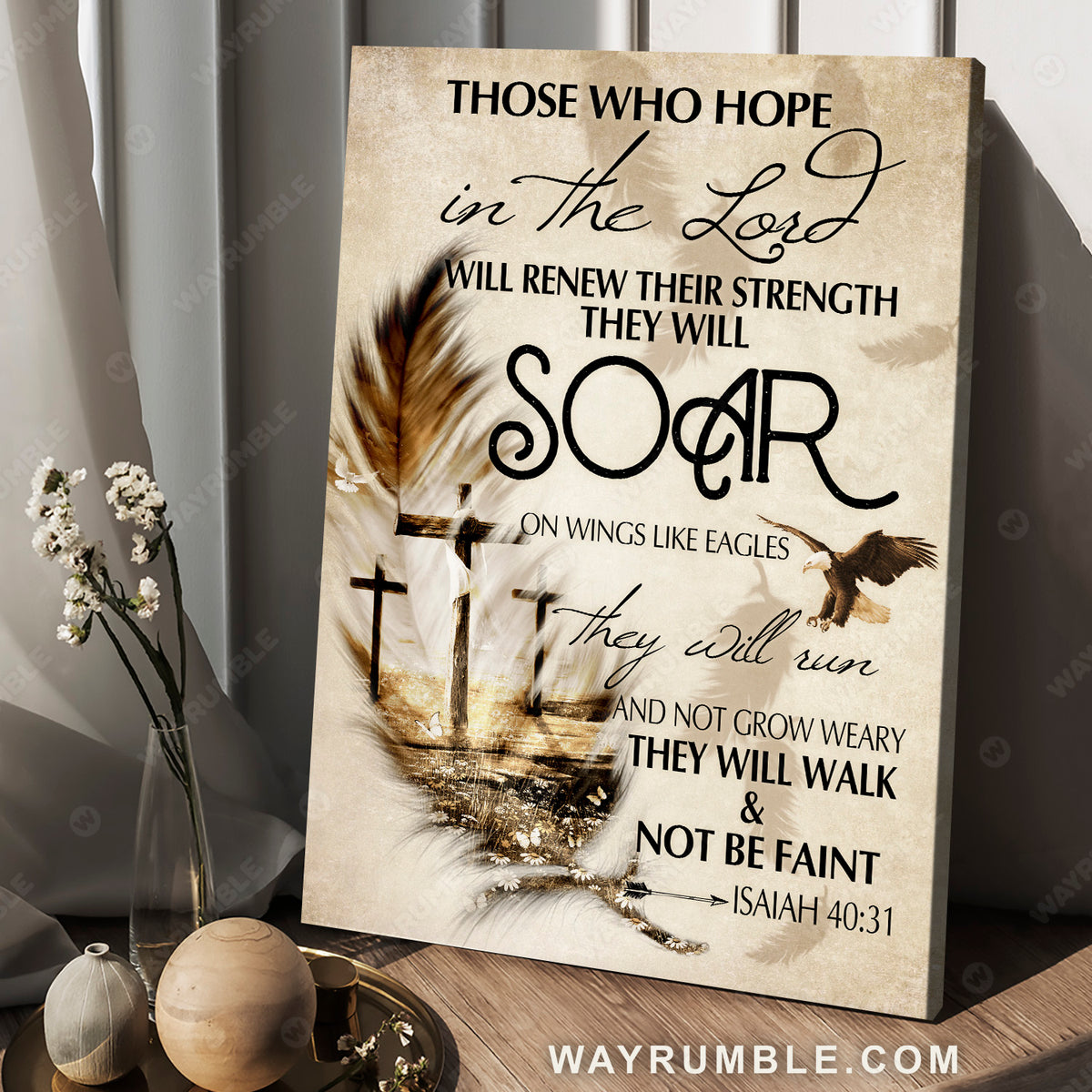 The three crosses, Feather, They will soar on wings like eagles - Jesus Portrait Canvas Prints, Christian Wall Art