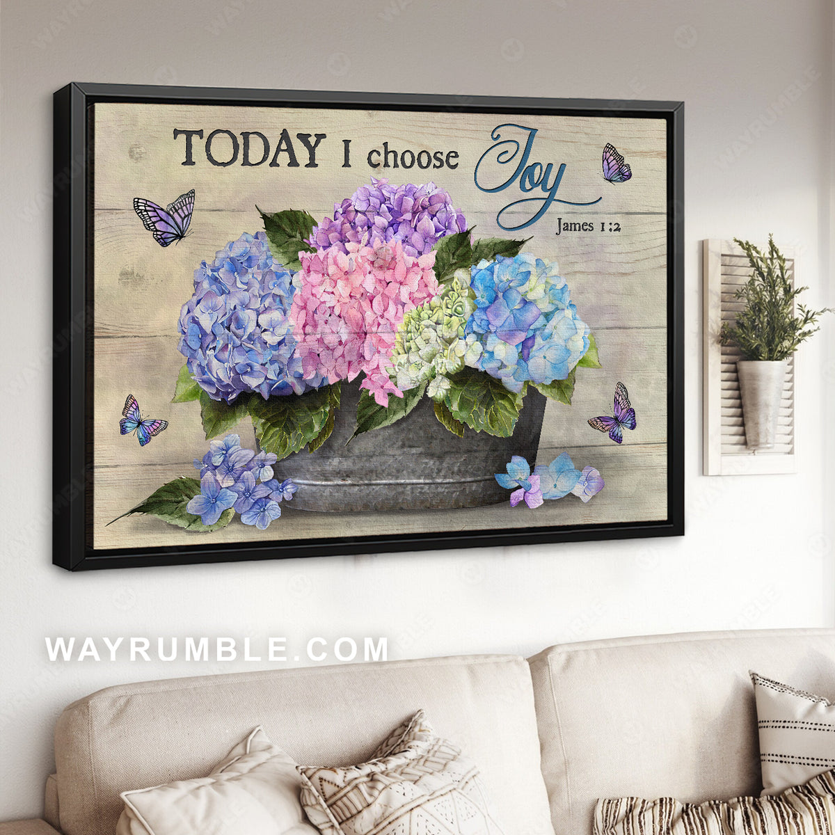 Hydrangea flower, Purple butterfly, Today I choose joy - Jesus Landscape Canvas Prints, Christian Wall Art