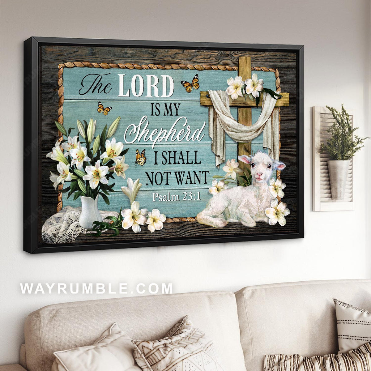 Lamb of God, Wooden cross, White tulips, The Lord is my Shepherd - Jesus Landscape Canvas Prints, Christian Wall Art