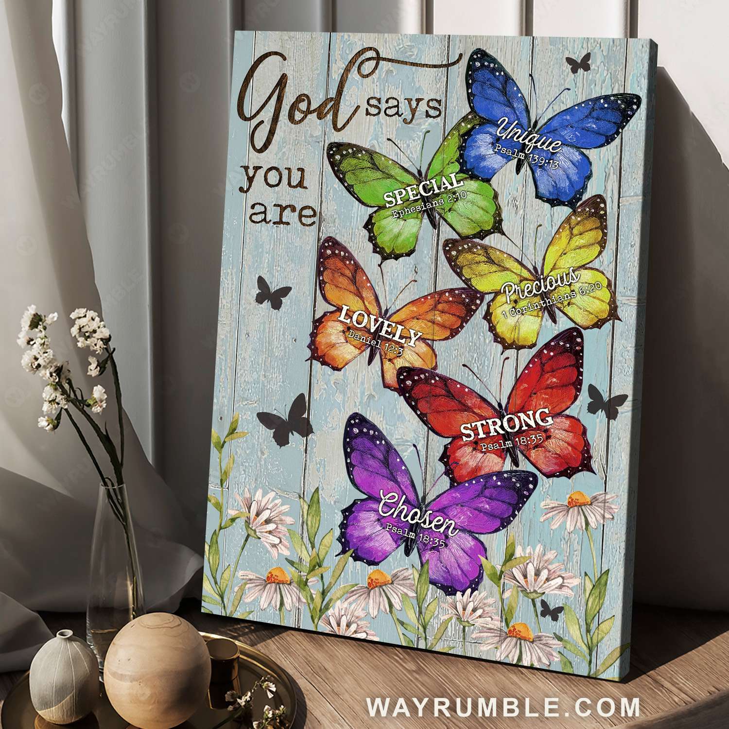 Colorful butterfly, Daisy flower, God says you are - Jesus Portrait Canvas Prints, Christian Wall Art