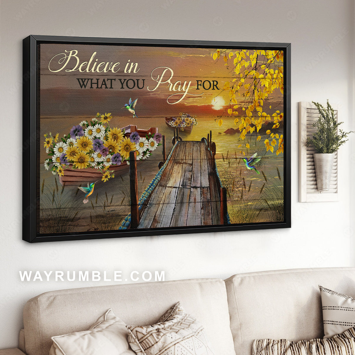 Jetty drawing, Sunset lake, Wooden boat, Daisy flower, Believe in what you pray for - Jesus Landscape Canvas Prints, Christian Wall Art