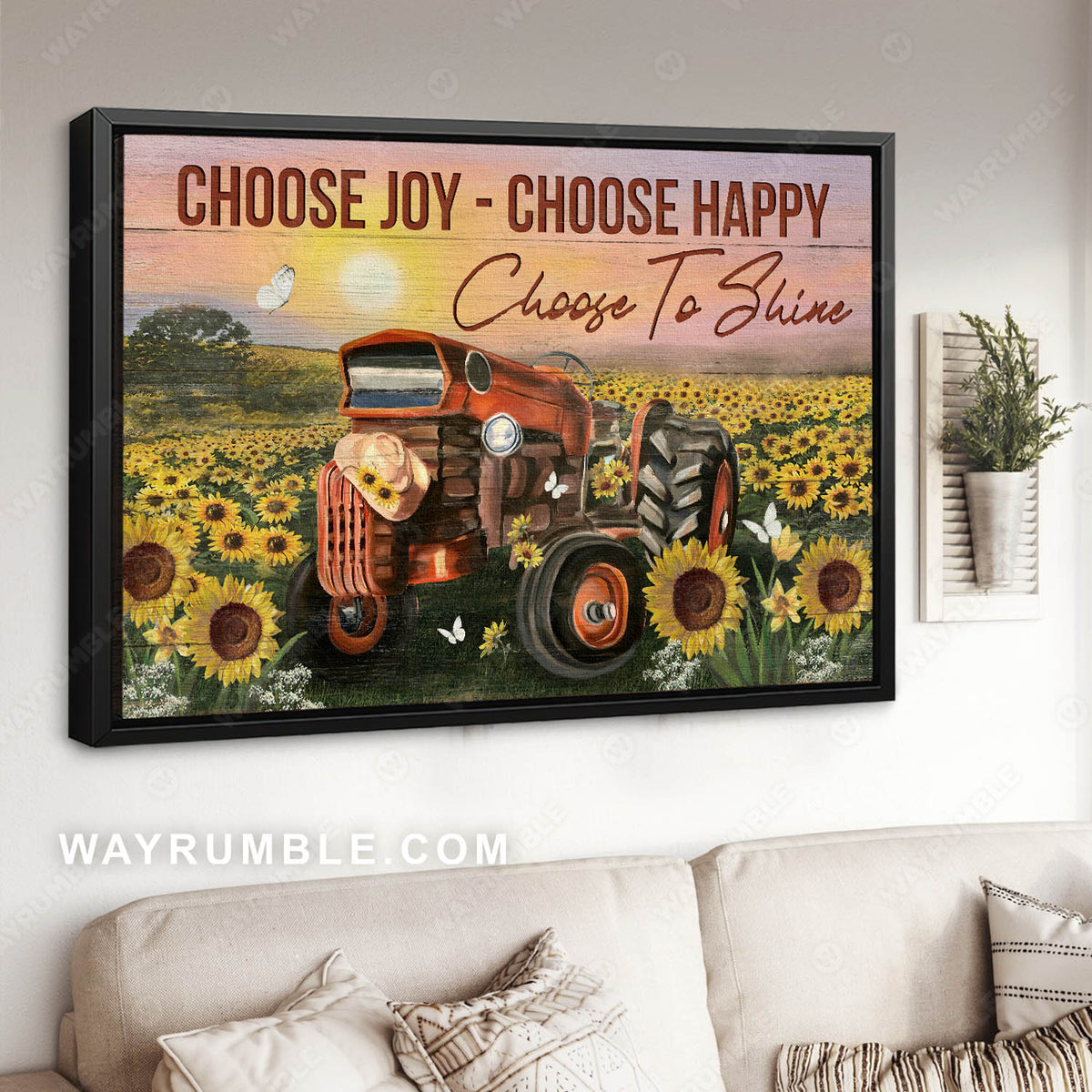 Sunflower field, Farm truck, Sunrise sky, Choose joy choose happy - Jesus Landscape Canvas Prints, Christian Wall Art
