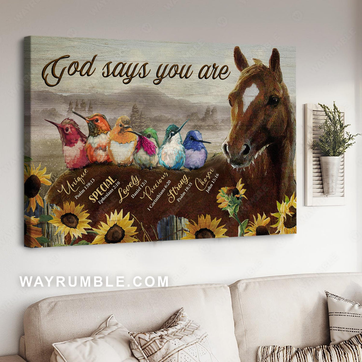 Quarter horse, Colorful hummingbird, Sunflower field, God says you are - Jesus Landscape Canvas Prints, Christian Wall Art