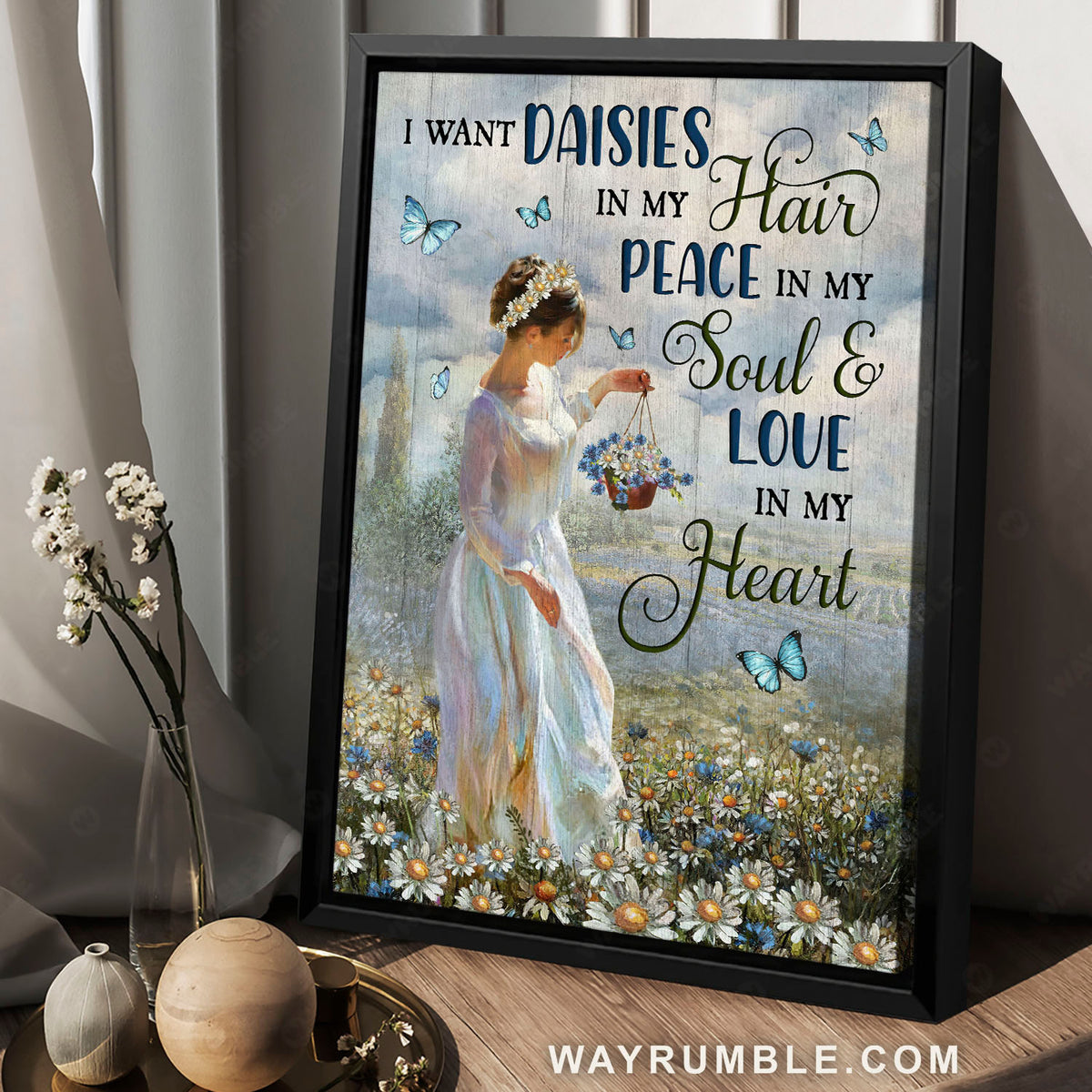 Beautiful girl, Daisy field, Blue butterfly, I want daisies in my hair - Jesus Portrait Canvas Prints, Christian Wall Art