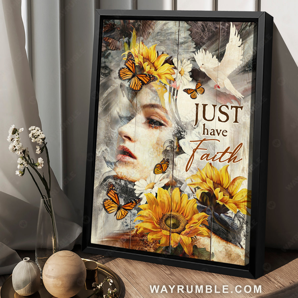 Beautiful girl, Sunflower drawing, Flying dove, Just have faith - Jesus Portrait Canvas Prints, Christian Wall Art