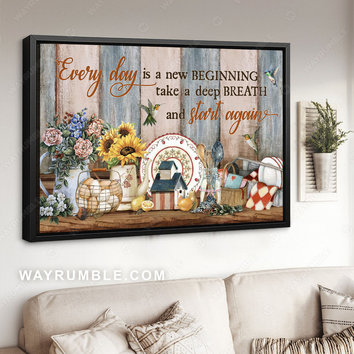Vintage kitchen, Sunflower, Birdhouse, Hummingbird, Everyday is a new beginning- Jesus Landscape Canvas Prints, Christian Wall Art