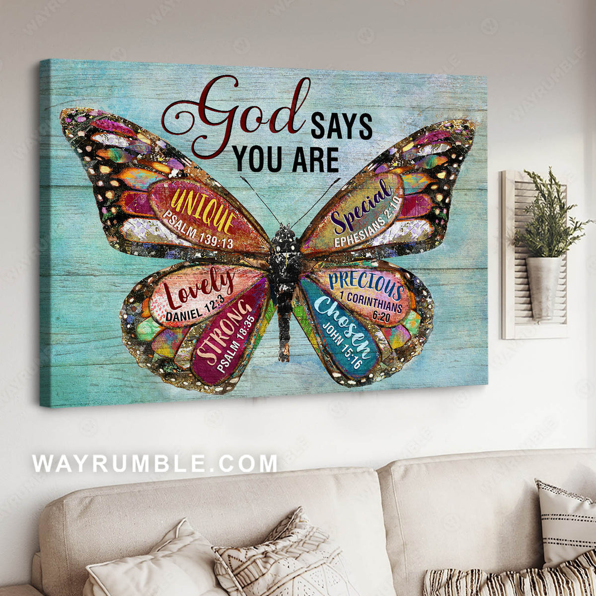 Colorful butterfly, Light blue background, God says you are - Jesus Landscape Canvas Prints, Christian Wall Art