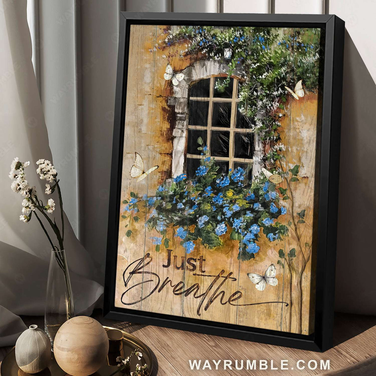 canvas hanging planter Window planter, Blue flower, White butterfly, Just breathe - Jesus Por