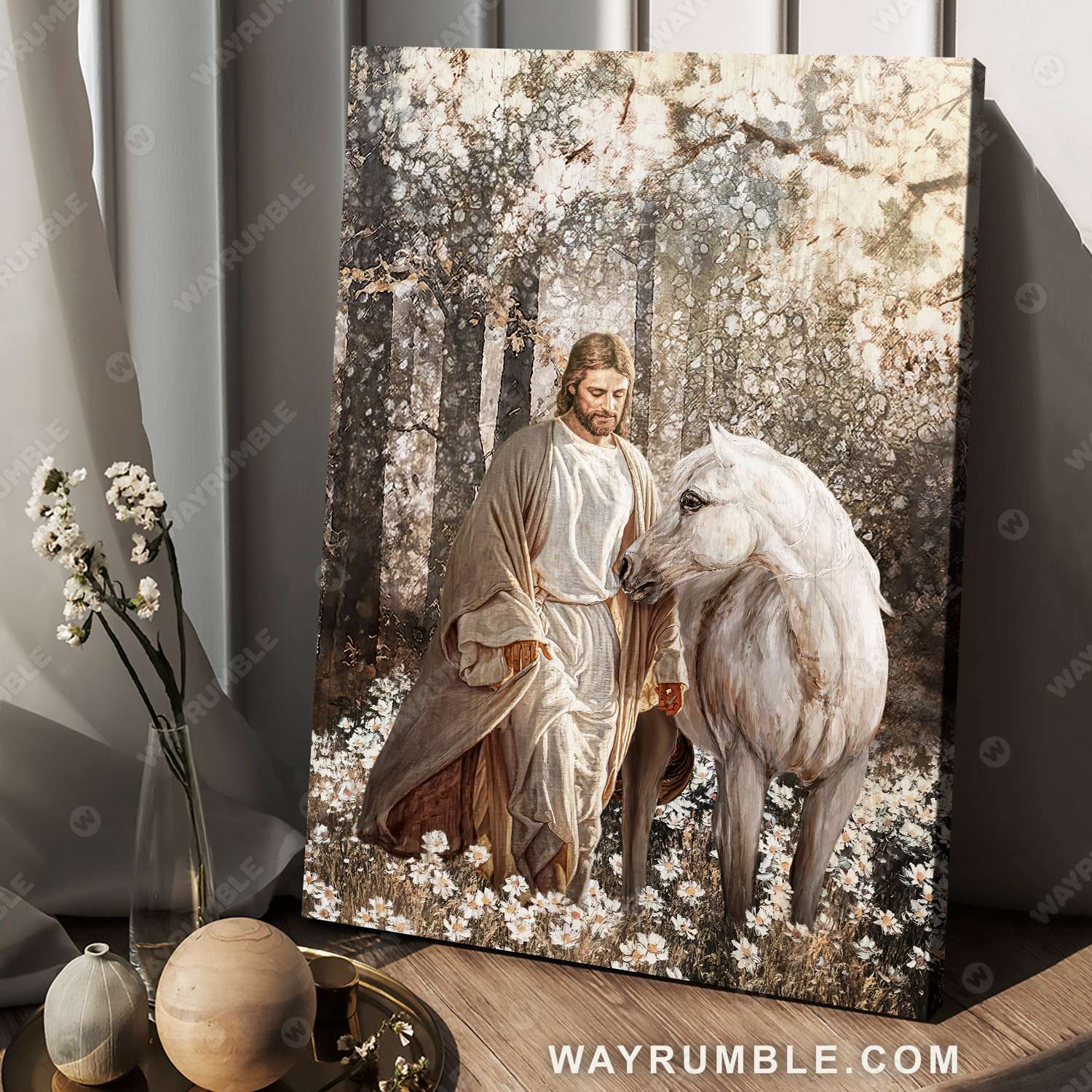 Jesus painting, Horse drawing, Walking with Jesus, White horse in the beautiful forest - Jesus Portrait Canvas Prints, Christian Wall Art