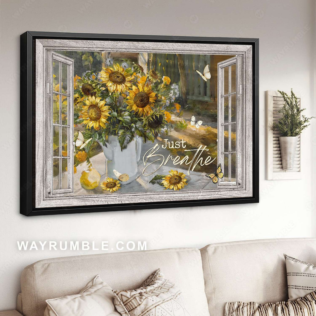 Sunflower painting, Ceramic vase, Sunrise light, Just breathe - Jesus Landscape Canvas Prints, Christian Wall Art