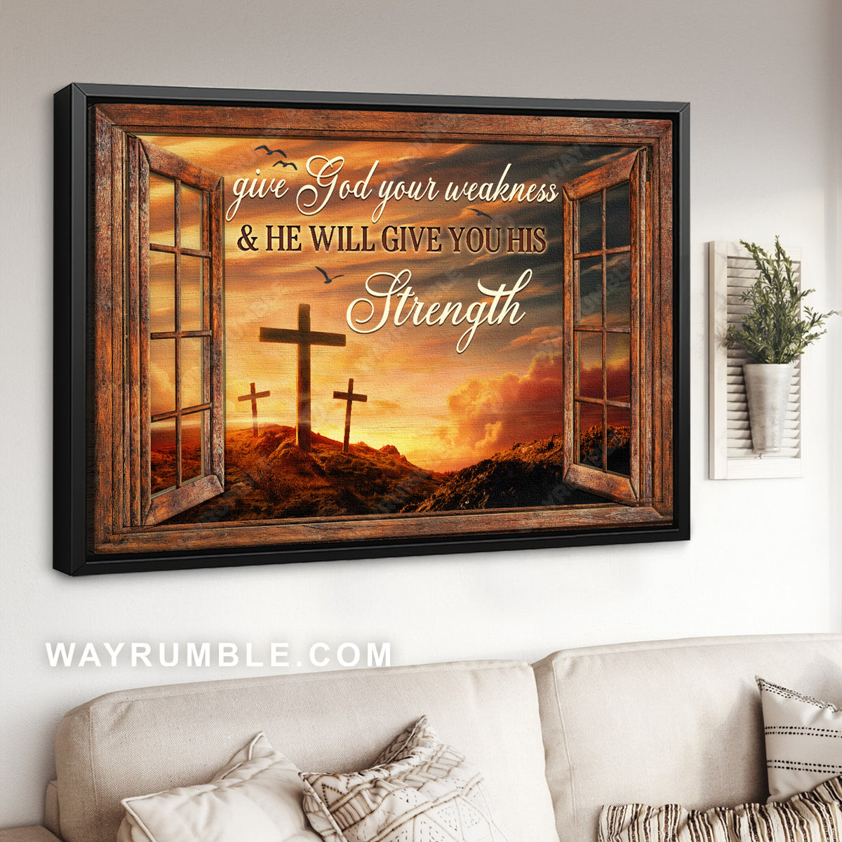 Three wooden crosses, Heaven sky, Today sunrise, Give God your weakness - Jesus Landscape Canvas Prints, Christian Wall Art