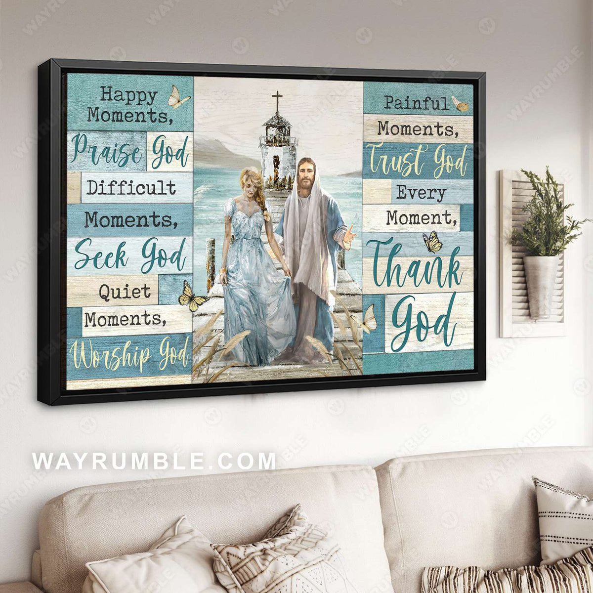 Walking with Jesus, Beautiful girl painting, Lighthouse, Every moment thank God - Jesus Landscape Canvas Prints, Christian Wall Art