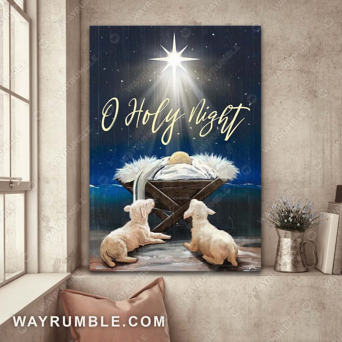 The birth of Jesus, Baby lambs, Night sky, O holy Night - Jesus Portrait Canvas Prints, Wall Art