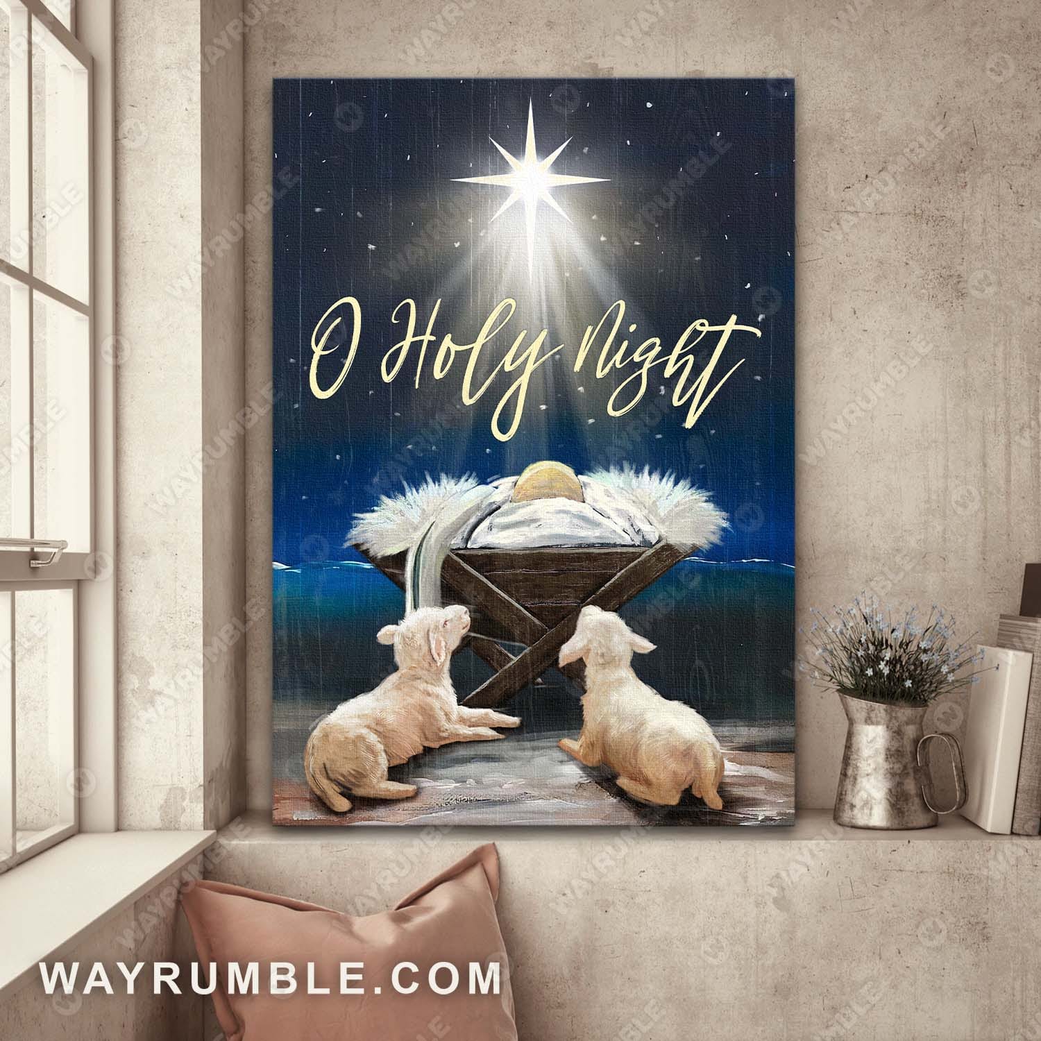 The birth of Jesus, Baby lambs, Night sky, O holy Night - Jesus Portrait Canvas Prints, Wall Art