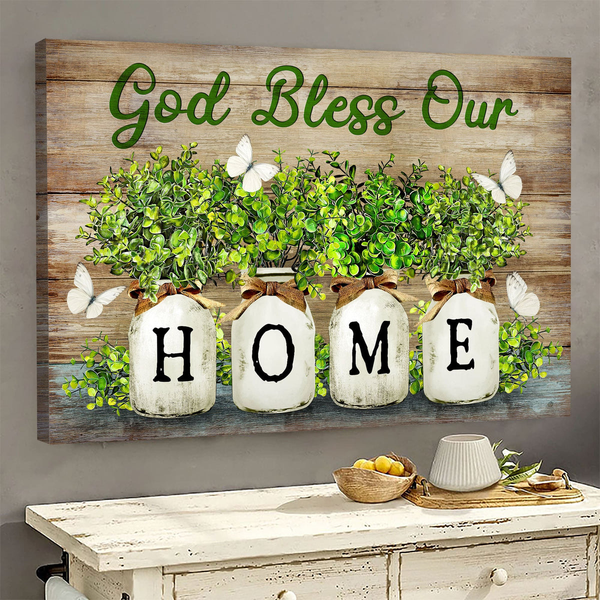 Baby Rubber Plant Vase, White Butterfly, God bless our home - Jesus Landscape Canvas Prints, Wall Art