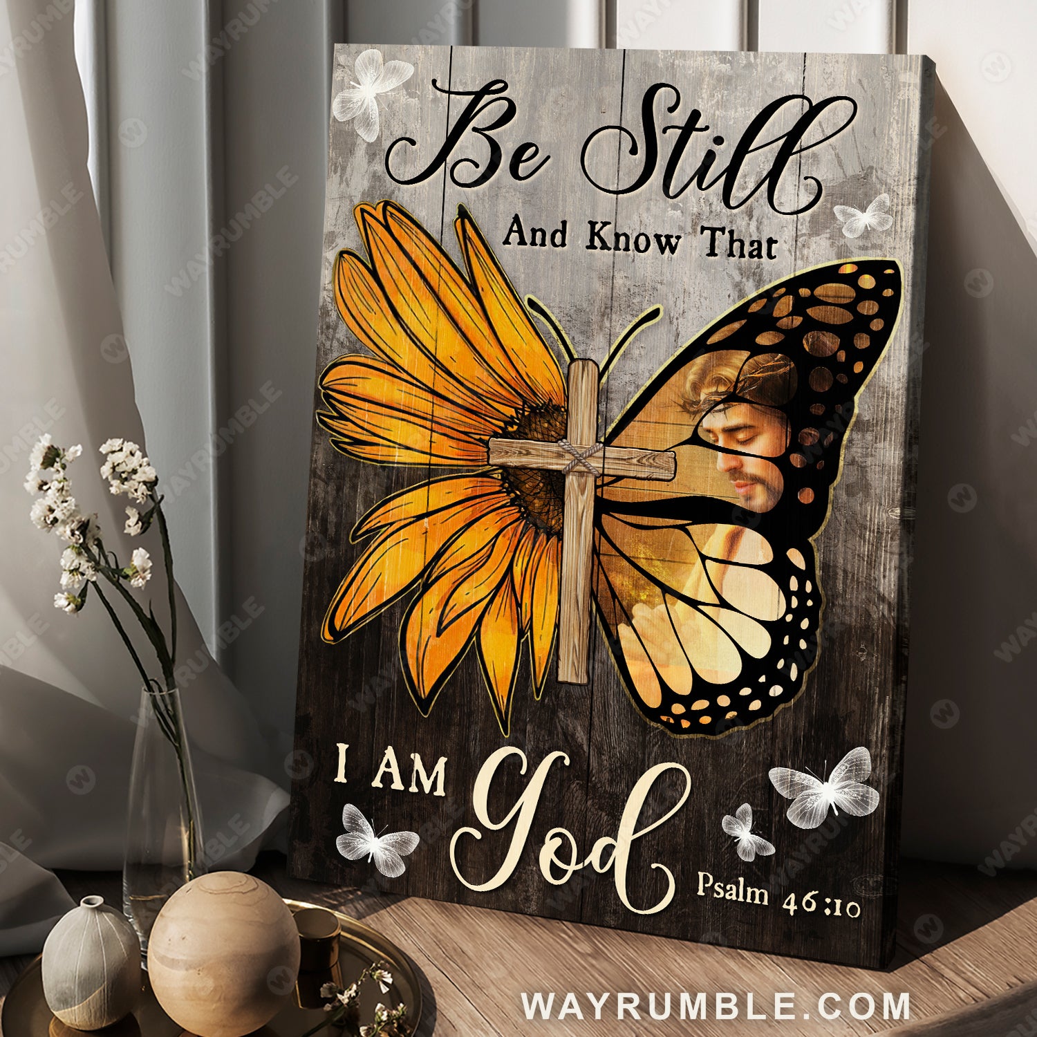 The rugged cross, Jesus painting, Sunflower and butterfly, Be still and know that I am God - Jesus Portrait Canvas Prints, Christian Wall Art