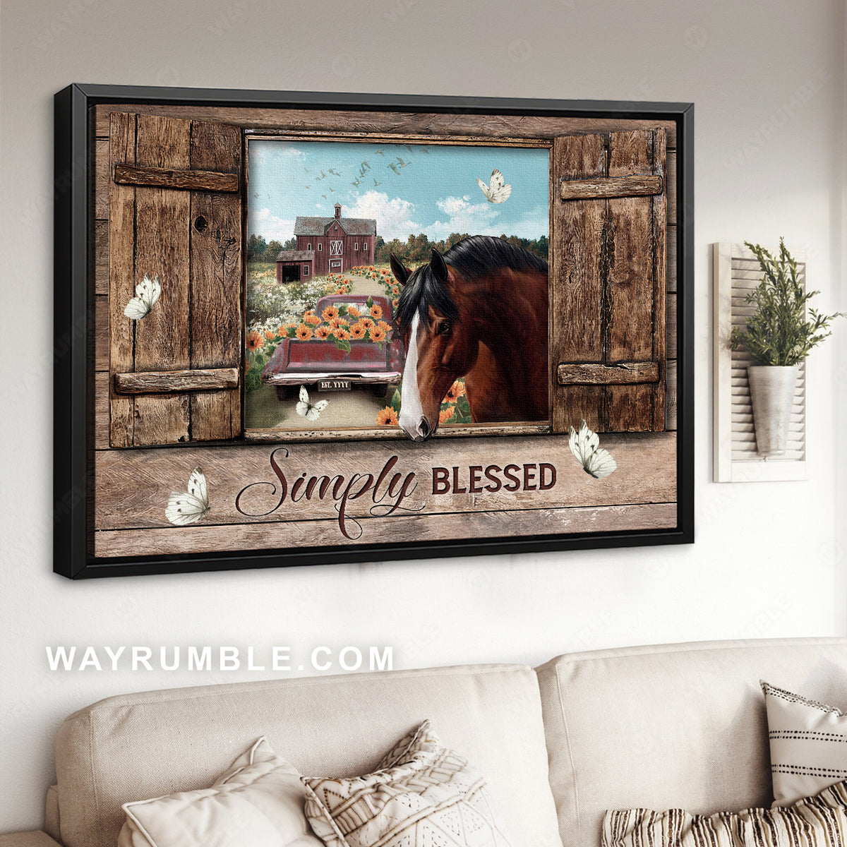 Brown horse, Farm truck, Flower filed, Simply blessed - Jesus Landscape Canvas Prints, Christian Wall Art