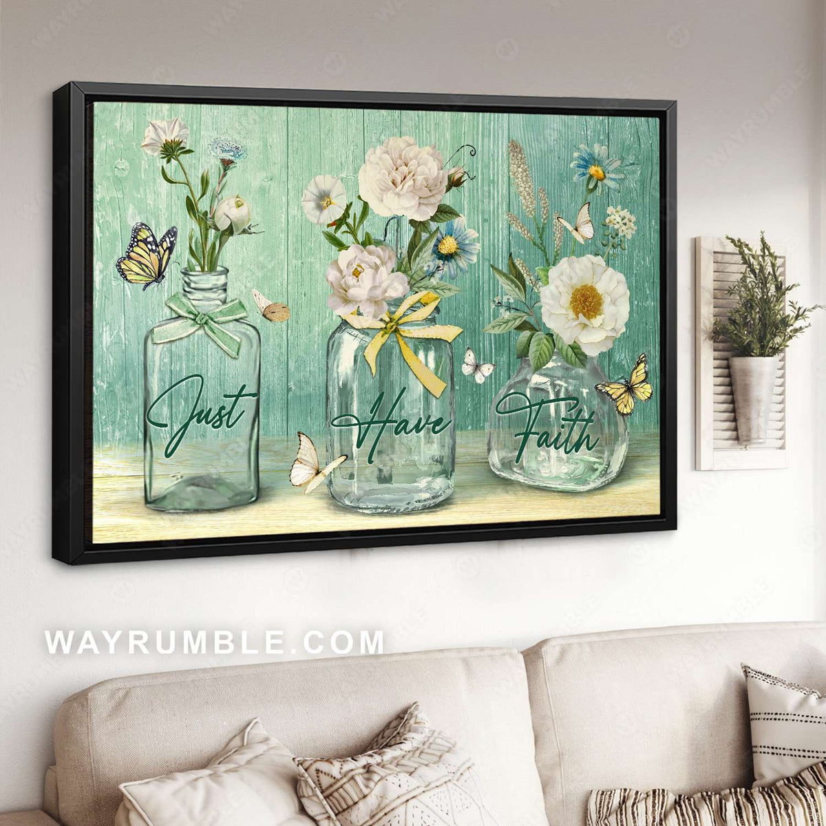 White peony, Blue daisy, Glass jar, Just have faith - Jesus Landscape Canvas Prints, Christian Wall Art