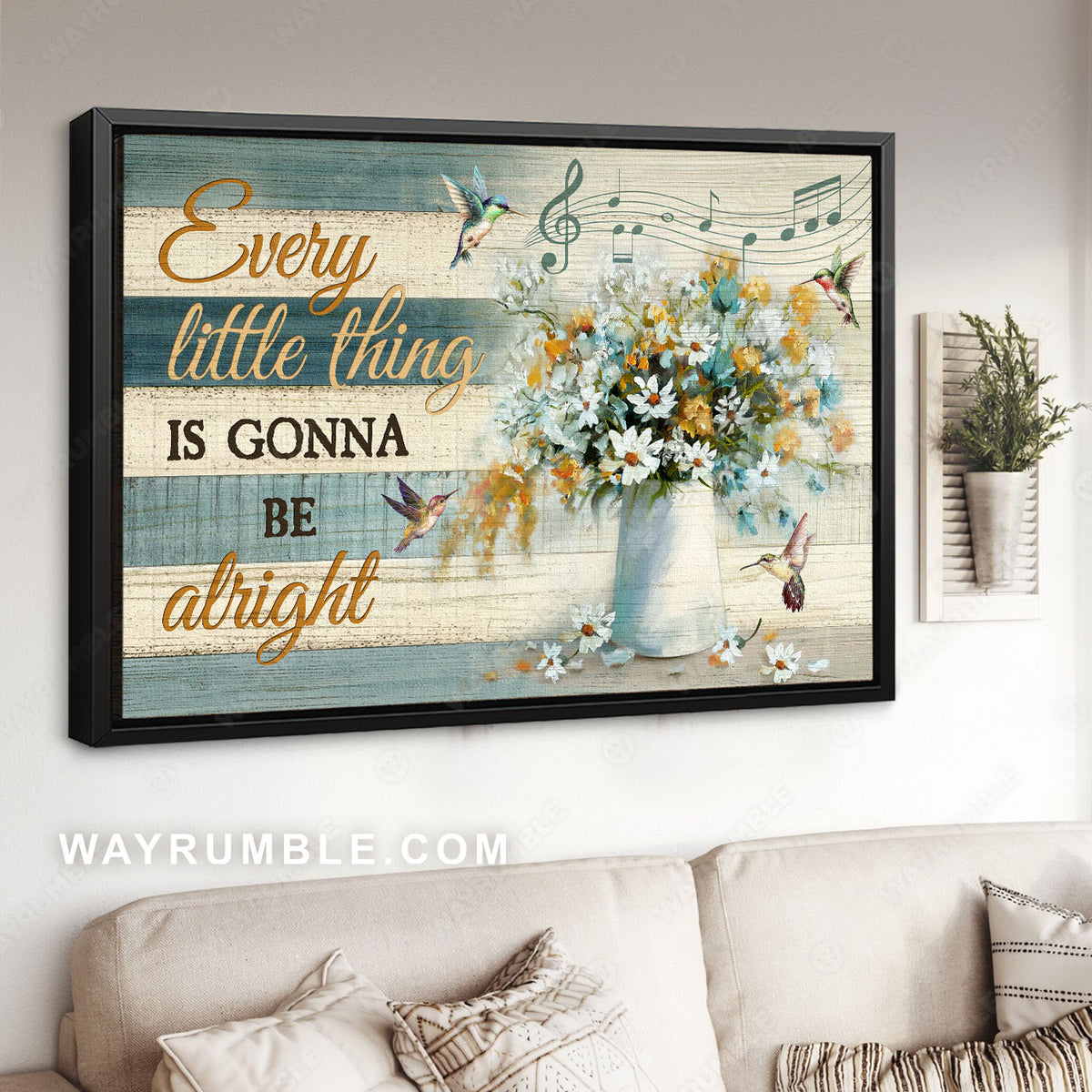 Daisy flowers, White vase, Flying hummingbirds, Gonna be alright - Jesus Landscape Canvas Prints, Christian Wall Art