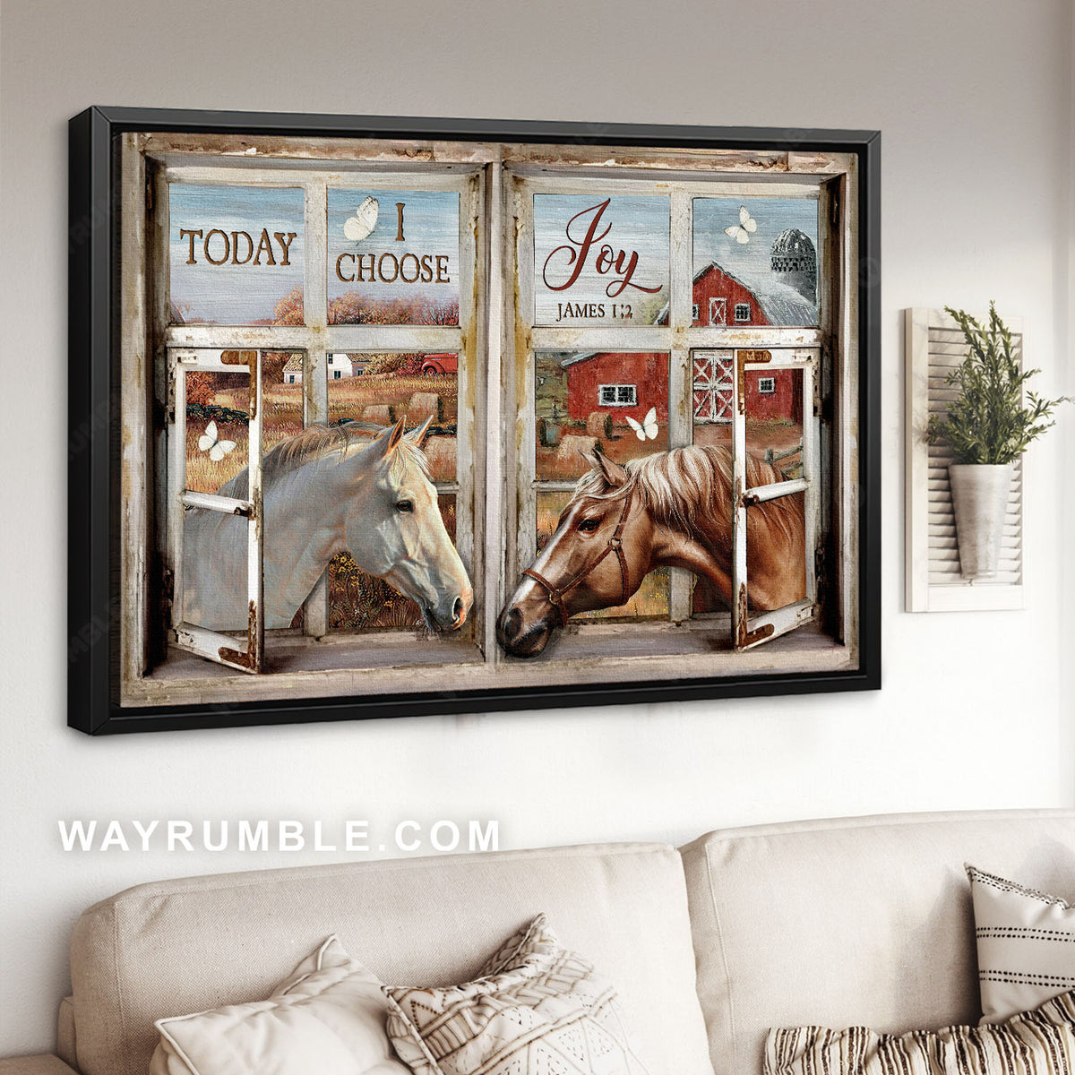 White horse, Brown horse, Face to face, Farm life, Today I choose joy - Jesus Landscape Canvas Prints, Christian Wall Art