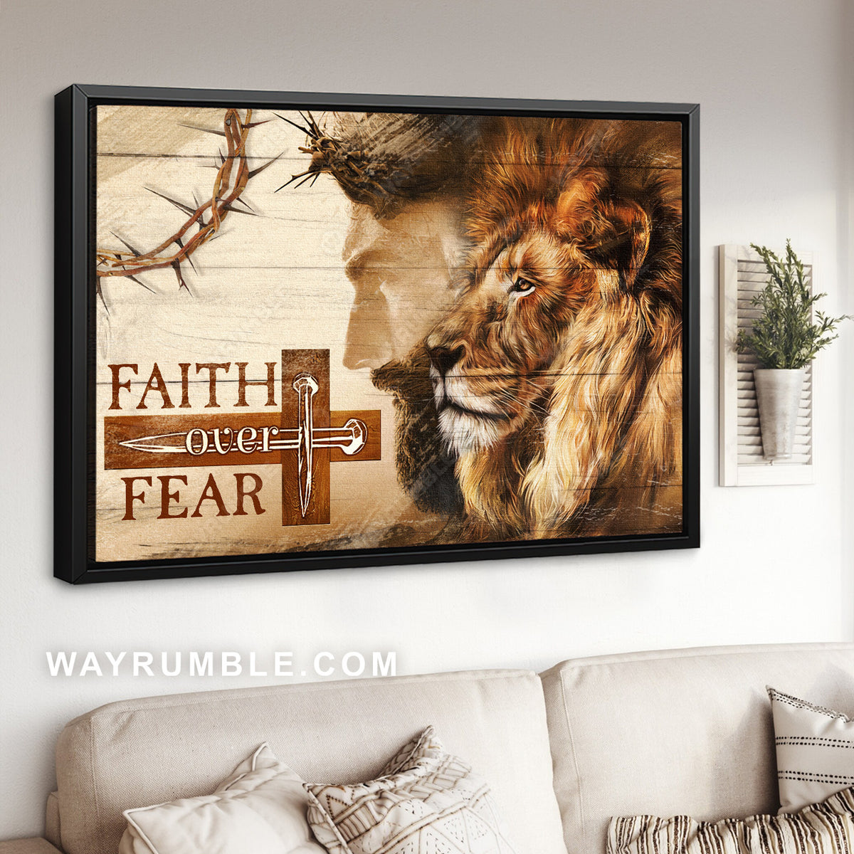 Lion of Judah, Jesus face, Thorn crown, Faith over fear - Jesus Landscape Canvas Prints, Christian Wall Art