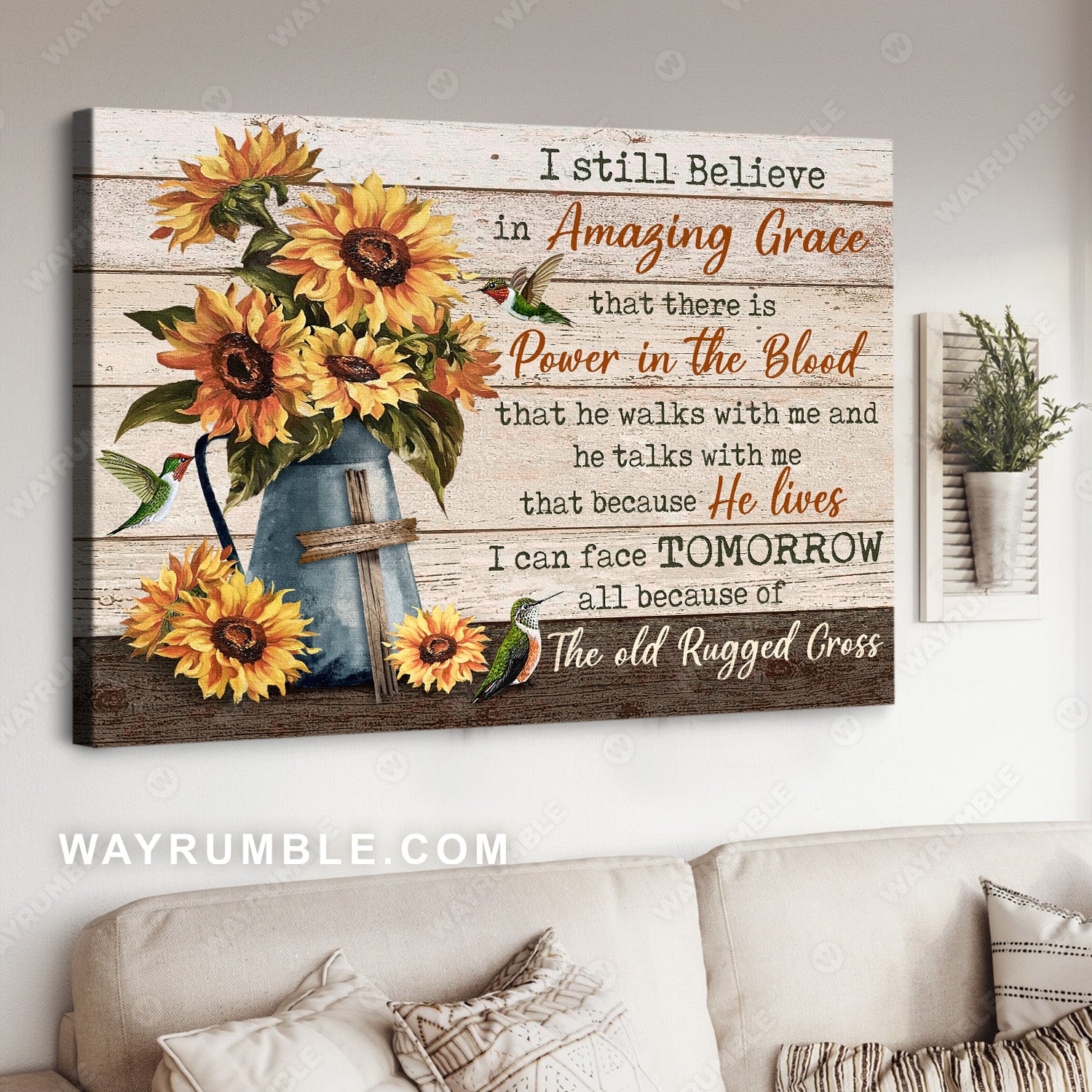 Sunflower vase, Vintage, Still life, Wooden cross, I still believe in amazing Grace - Jesus Landscape Canvas Prints, Christian Wall Art