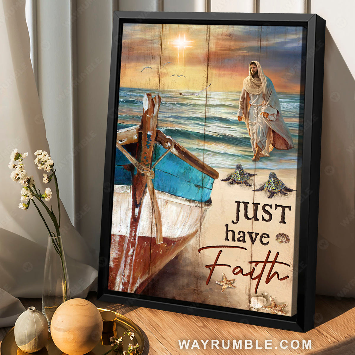 Jesus Christ, Old boat, Sea turtle, Beach scene, Just have faith - Jesus Portrait Canvas Prints, Christian Wall Art