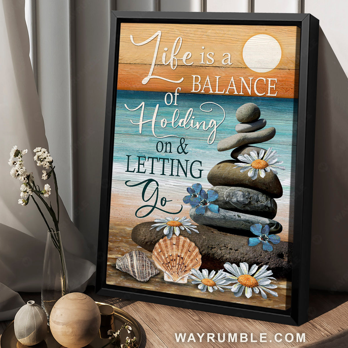 Beach scene, Pebble, Daisy flower, Life is a balance of holding on and letting go - Jesus Portrait Canvas Prints, Christian Wall Art