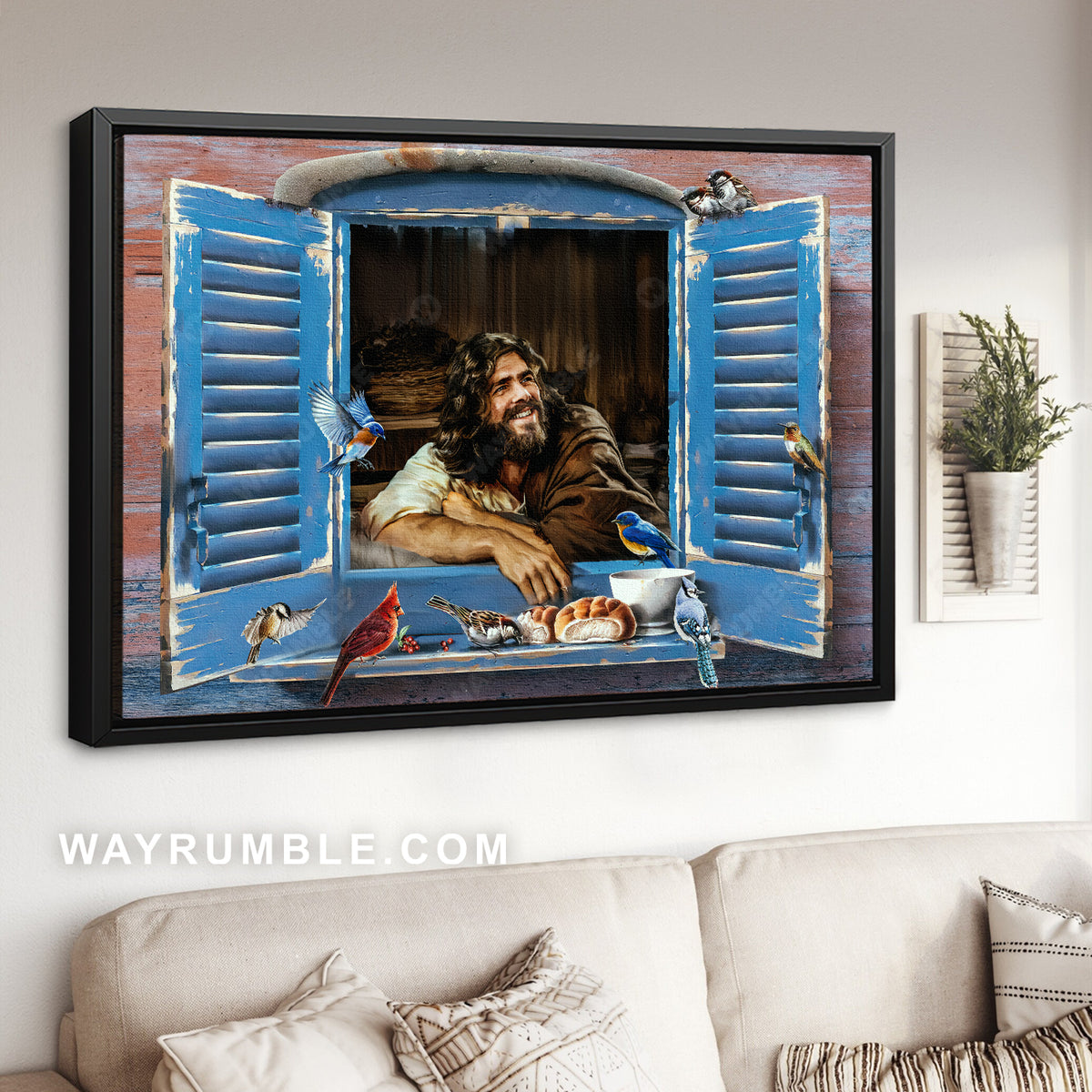 Jesus smile, Feeding bird, Cute birds, Window opening - Jesus Portrait Canvas Prints, Christian Wall Art