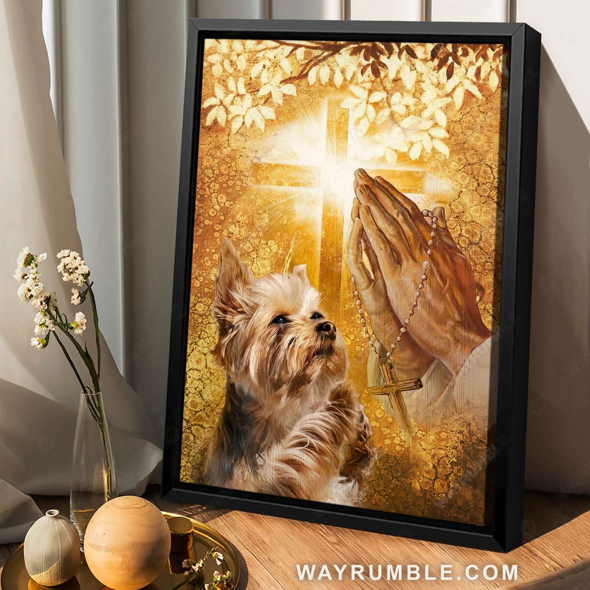 Yorkie terrier, Jesus hand, Praying hand, Light cross - Jesus Portrait Canvas Prints, Christian Wall Art